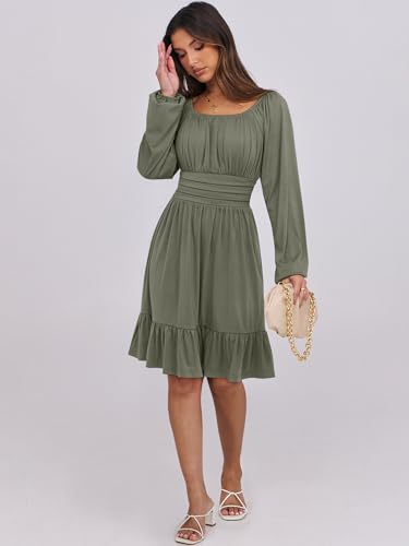 ANRABESS Women Long Lantern Sleeve Square Neck Fall Short Dress - color: Army Green, size: XX-Large