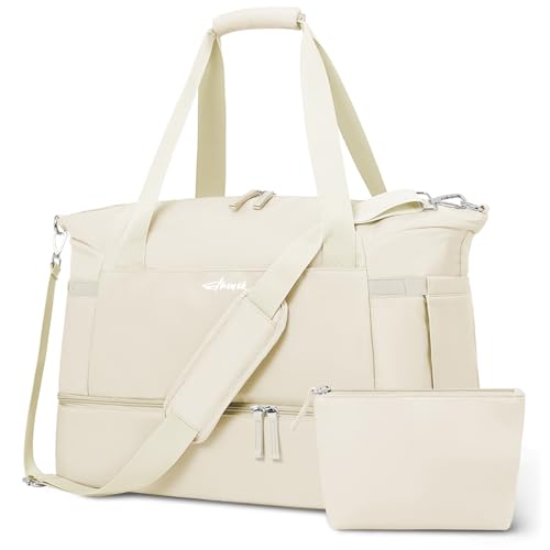Gym Bag for Women, 45L Carry On Travel Duffel Bag with Shoes Compartment - color: Beige, size: Large