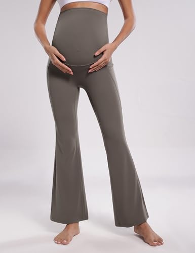 POSHDIVAH Maternity Flare Leggings with Pockets - color: Brown, size: Medium