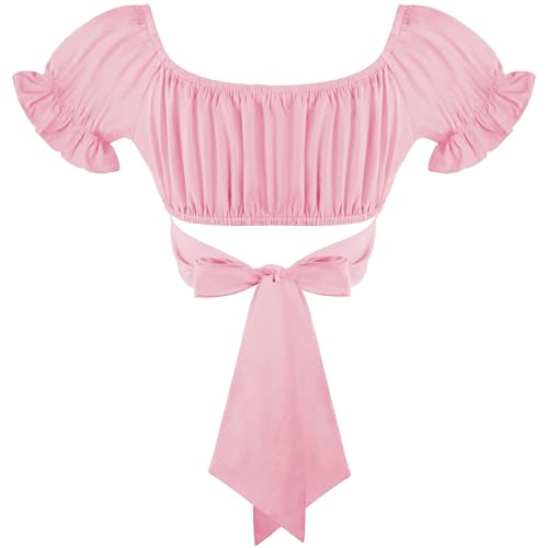 Women's Crop Tops Ruffle Short Sleeve Tie Back Off Shoulder Blouse - color: Baby Pink, size: X-Large