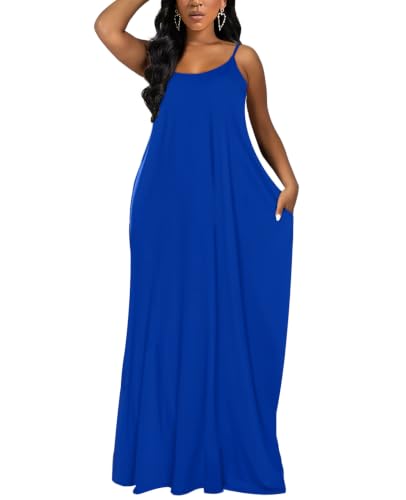 OFEEFAN Women's Maxi Dresses Summer Spaghetti Strap Dress with Pockets - color: Ac- Blue, size: Large