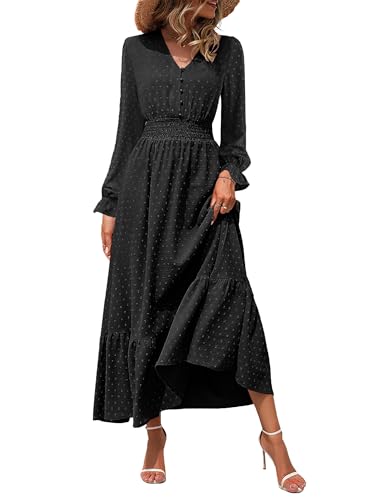 CzzzyL Women Nursing Boho Maxi Dress Swiss Dot Smocked with Pockets - color: S-black, size: Medium