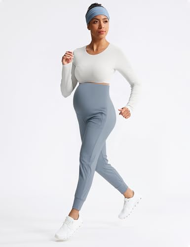 Mama Land Maternity Joggers Over Belly Pants with Zipper Pockets - color: Denim Blue, size: Medium