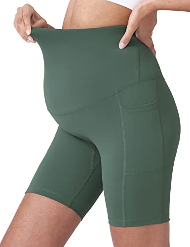 POSHDIVAH Maternity Biker Shorts Over the Belly with Pockets 5"/8" - color: Black Crab Green, size: Medium