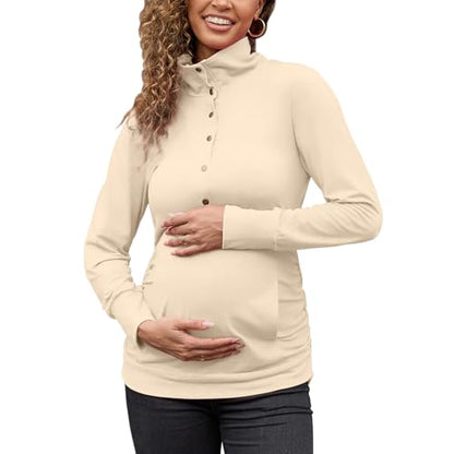Bhome Maternity Shirt Casual Long Sleeve Half Button Front Lightweight Sweatshirts Slim Fit Pullover Tops with Pockets - color: Apricot, size: Medium