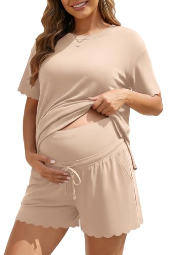 Charmo Two Piece Short Sets Women Scalloped Summer Maternity Outfits 2026 - color: Beige, size: X-Large