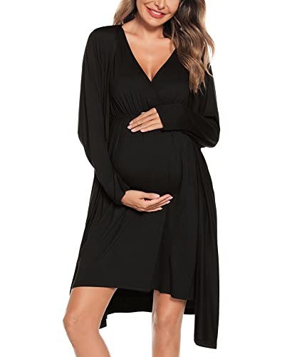 SWOMOG Women Maternity Nursing Gown and Robe Set 3 in 1 Labor Delivery Nursing Nightgown for Breastfeeding Hospital Bathrobe - color: Black, size: Small