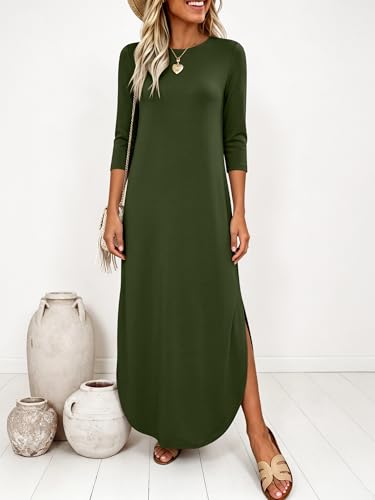 ANRABESS Women’s Air Layer 3/4 Sleeve Fall Maxi Dress & Pockets - color: Army Green, size: XX-Large