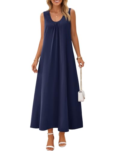 MEROKEETY Women's Summer Boho Sleeveless Ruched Maxi Dress - color: Navy, size: Small