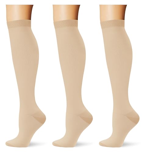 (3 pairs) Compression Socks 20-30 mmHg Long Knee High Socks for Women Men Support Athletic Travel Daily Wear - color: 3p7 Skin Color, size: X-Small