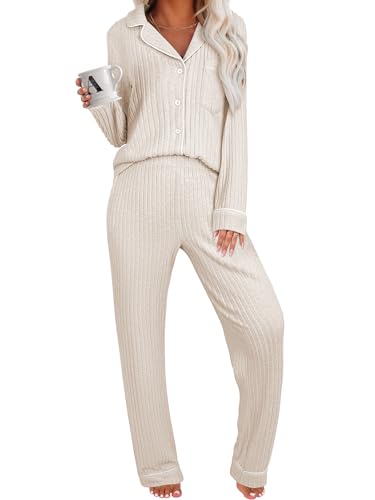 ANRABESS Women 2 Piece Pajama Lounge Sets 2026 Fall Outfits - color: Beige, size: Medium