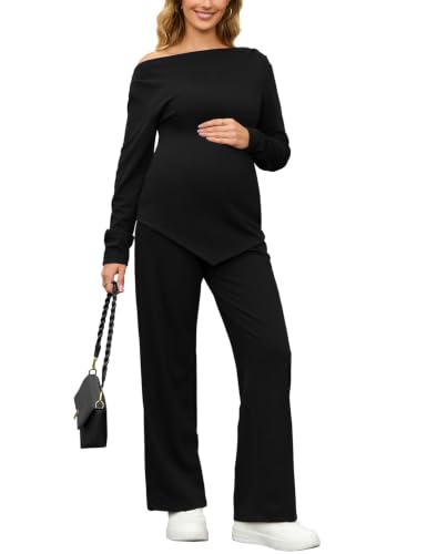 Bhome Maternity Sets 2 Piece Outfits Casual Pregnancy Loungewear - color: Black, size: Medium