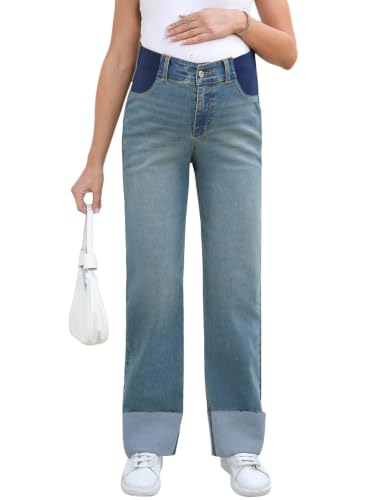 BLENCOT Maternity Jeans for Women Stretchy Summer Cuffed Wide Leg Baggy Denim Pants with Pockets - color: Stone Blue, size: Medium