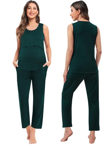 SWOMOG Maternity Nursing Robe Set 3 PCS Women Postpartum Pajamas Breastfeeding Labor Delivery Hospital Pregnancy Pjs - color: Emerald Green, size: Medium