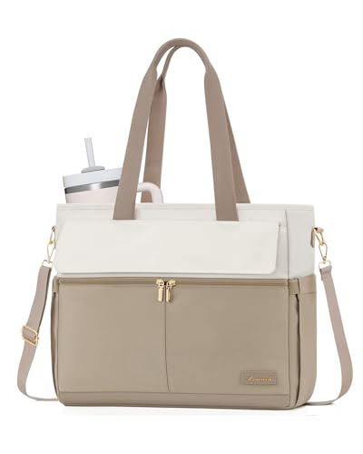 LOVEVOOK Laptop Bag for Women 15.6 Inch Canvas Laptop Large Capacity Work Bags Mutiple Pockets Teacher Bag Water Resistant Computer Bags for Business Travel Nurse, Khaki - color: Khaki&beige, size: 15.6 Inch