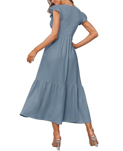 CzzzyL Women's Nursing Dress Flutter Sleeve Crew Neck Smocked Midi Pockets - color: Blue, size: Large