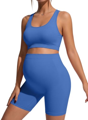 BLENCOT Maternity Workout Sets Pregnancy Yoga Ribbed Tank Tops with Bra - color: Blue, size: Small