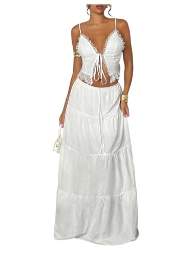 Floerns Women's 2 Piece Outfit Tie Front Camisole Top Tiered Maxi Skirt Set - color: White, size: X-Small
