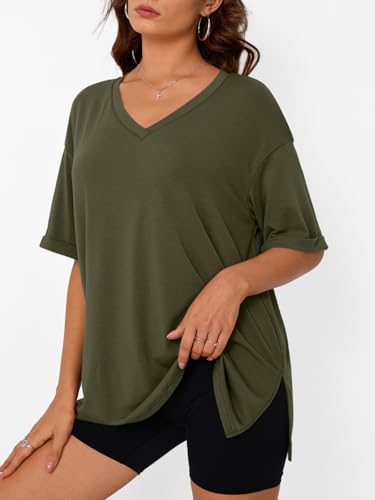 Trendy Queen Plus Size Oversized V Neck Tshirt Tops Workout Wear - color: Army Green, size: XX-Large
