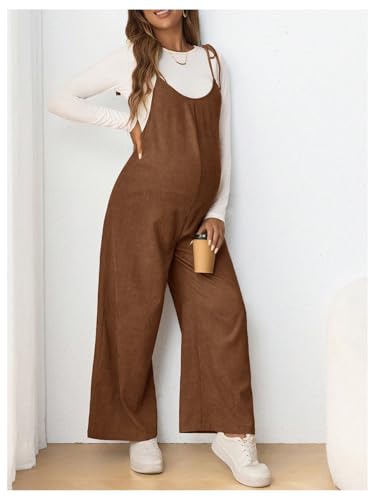 OYOANGLE Women's Maternity Overalls Spaghetti Strap Pregnancy Jumpsuits - color: Brown, size: X-Large