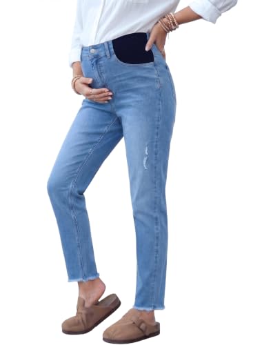 BLENCOT Womens Maternity Jeans High Waisted Pregnancy Denim Pants - color: Light Blue, size: Small