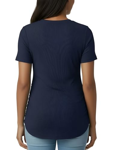 Motherhood Maternity Women's Short Sleeve Crew Neck Side Ruching Pregnancy Tee Shirt - color: Peacoat, size: Medium