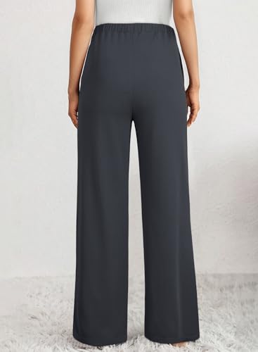 BLENCOT Women's Maternity Pants Work Adjustable Waisted Wide Leg Waffle Knit Trousers Pregnancy Clothes with Pockets - color: Carbon Grey, size: Medium