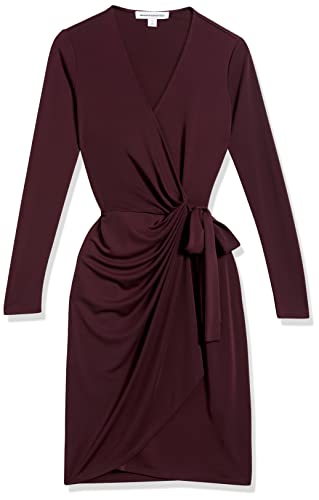Amazon Essentials Women's Long Sleeve Classic Wrap Dress, V Neck, Pleated, Midweight Fabric (Available in Plus Size) - color: Burgundy, size: Small