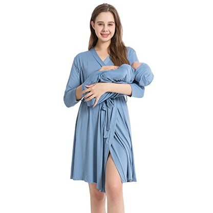 Galabloomer Maternity Robe and Receiving Blanket, Matching Mommy Labor Robe - color: Denim Blue, size: Medium