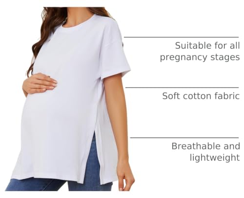Ecavus Maternity Shirts Side Split Soft Cotton Loose Fit Pregnancy Tops - color: White, size: Large