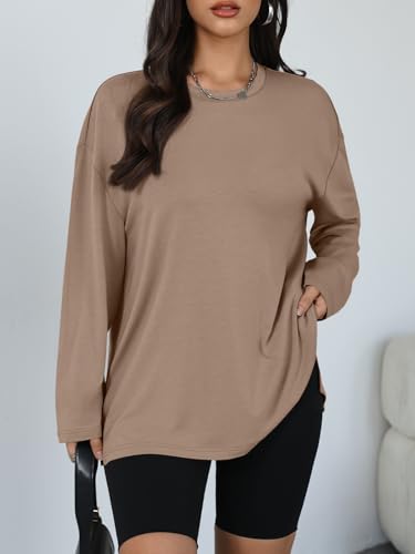 Trendy Queen Womens Oversized Side Slit Long Sleeve Shirts Fall Tops - color: Khaki, size: Large