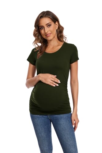 Smallshow Women's 4 Pack Maternity Shirts Short Sleeve Pregnancy Tops Clothes - color: Army Green-black-deep Green-deep Grey(4 Pack), size: Large