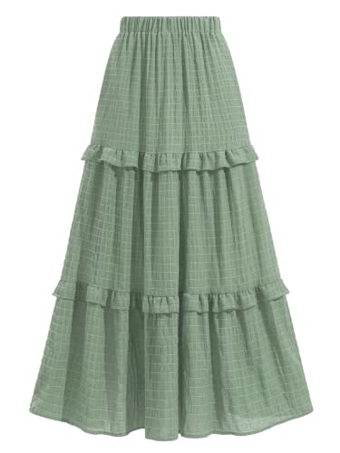 Womens Boho Maxi Skirt Long Flowy Skirt High Waisted Tiered Ruffle Skirt - color: Green, size: Medium