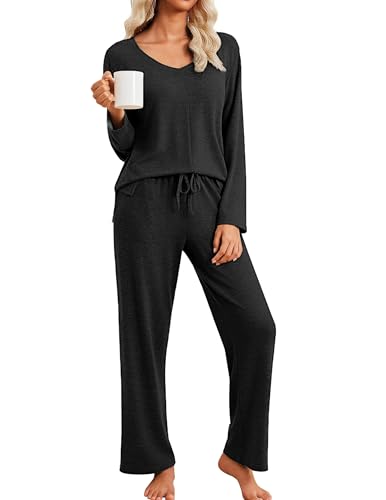 Ekouaer Fall Pajamas for Women Set Long Sleeve V Neck 2 Piece Lounge Sets - color: Black, size: Large