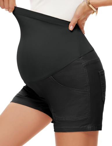 AMPOSH Women's Maternity Casual Cargo Shorts with Pockets Stretchy Summer Wear Pregnancy Clothes - color: Black, size: Medium