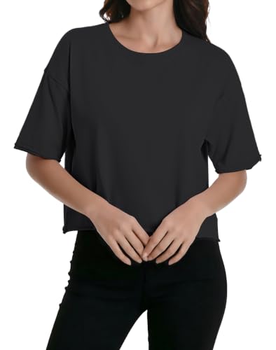 Women's Summer Short Sleeve Crop Tops Cotton Athletic Yoga Running T-Shirts - color: Black, size: Medium
