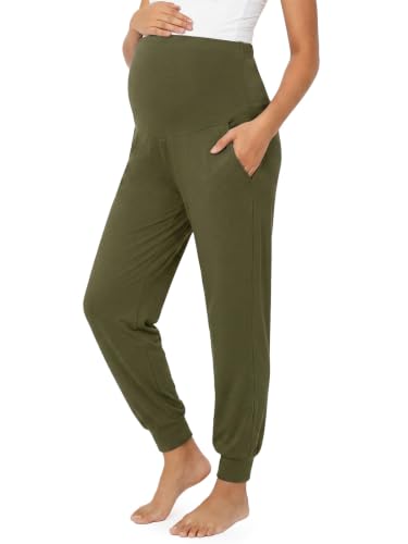 Summer Mae Viscose Maternity Jogger Pants Pregnancy Lounge Pant with Pocket - color: Dark Green, size: Large
