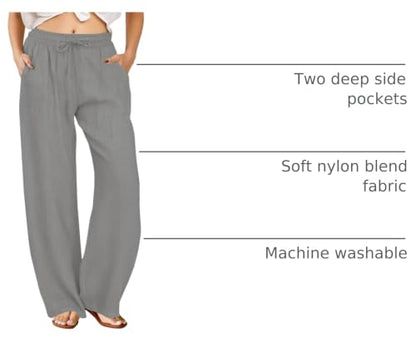 FireSwan Linen Pants Women Drawstring Elastic Waist Wide Leg Palazzo Pants - color: Grey, size: Medium