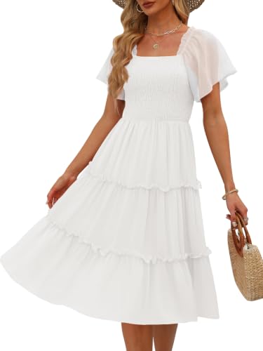 LILLUSORY Women Tiered Flutter Sleeve Square Neck Smocked Midi Dress - color: White, size: Medium