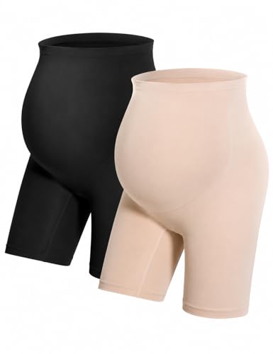 HOFISH Seamless Over-the-Bump Maternity Shapewear, High-Waisted Support - color: No Roll Up：black & Beige, size: Small