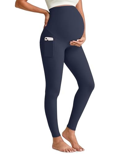 G4Free BareFeel Maternity Leggings with Pockets Over The Belly Stretchy Workout Yoga Pregnancy Pants - color: Dark Blue, size: Medium