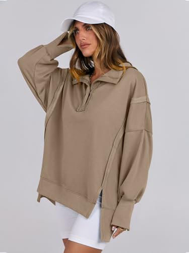 ANRABESS Sweatshirt for Women Oversized Casual Fall Henley Pullover Top - color: Khaki, size: Medium