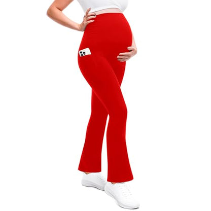 Leafigure Maternity Flare Leggings with Pockets - color: Red, size: Medium