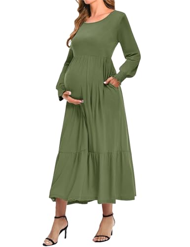 CzzzyL Women Nursing Dresses Crew Neck Fall Maternity Tiered with Pockets - color: Green, size: Medium