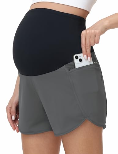 Foucome Womens 2 in 1 Maternity Athletic Shorts with Zipper Pocket - color: Grey, size: Large