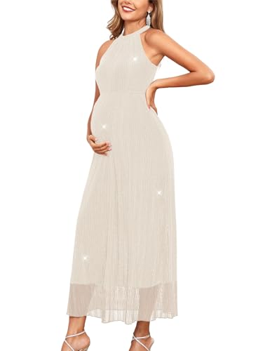 AISWI Maternity Sparkly Mesh Dress Halter Neck Sleeveless A Line Pregnancy Dresses Semi Formal Baby Shower Photoshoot - color: Off-white, size: X-Large