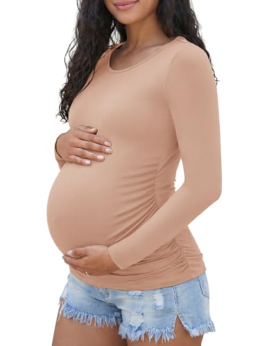 Happy.angel Women's Maternity Long Sleeve Shirts,Side Ruched Pregnancy Tops - color: Nude, size: Medium