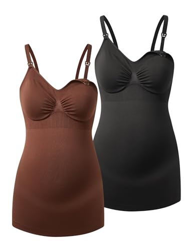 HOFISH Multi‑Pack Maternity Nursing Tank Tops with Clip‑Down Shelf Bra - color: Black/Chocolate Brown, size: Medium