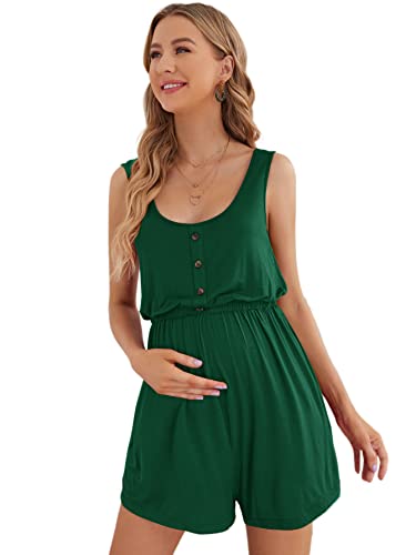 Verdusa Women's Maternity Romper Lightweight Button Jumpsuit Shorts - color: Dark Green, size: Small