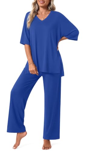 Aodemo Lounge Sets for Women 2 Piece Fall Pajamas Pj Outfits - color: Royal Blue, size: Large
